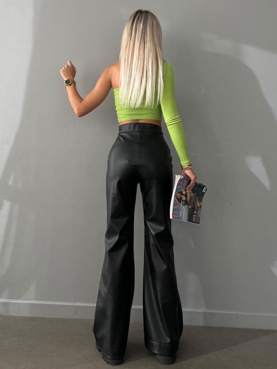 Casual Solid Color Drawstring Raised Waist Trousers PU Leather Pants Mssza