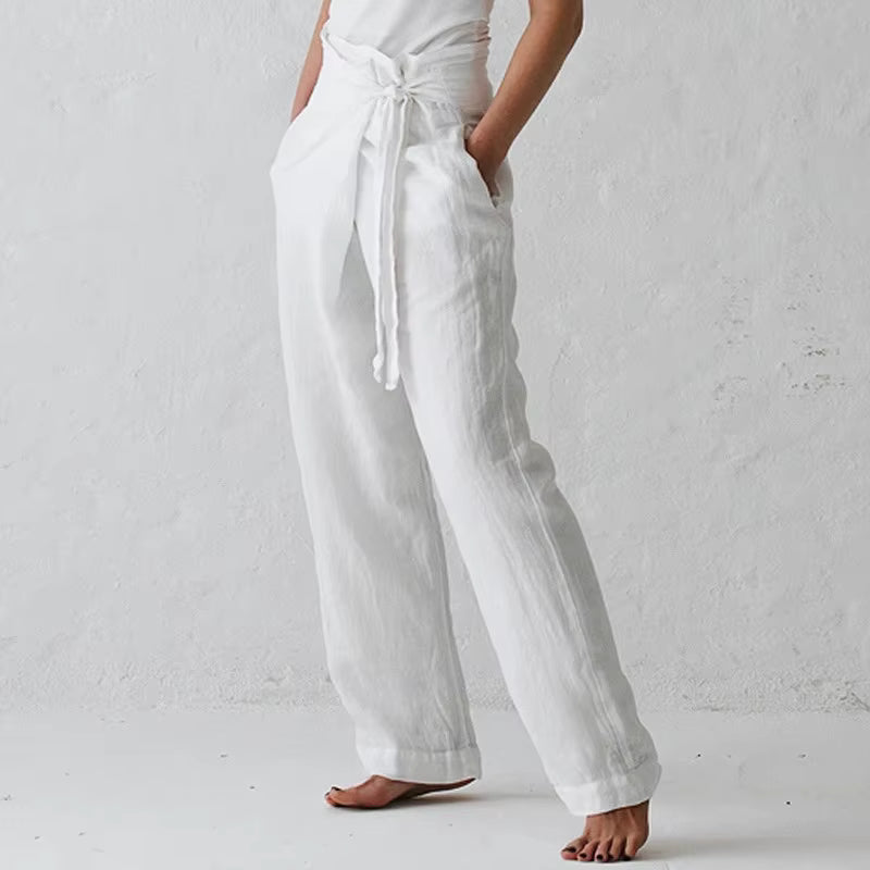 Casual Solid Color Elastic Binding Foot Cotton Line High Wasit Pocket Pants Mssza