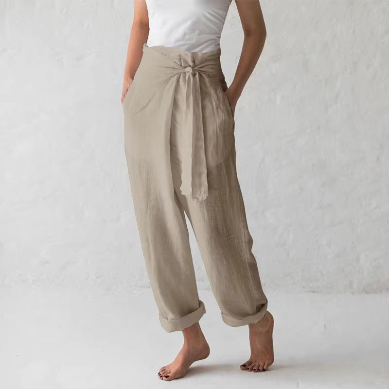 Casual Solid Color Elastic Binding Foot Cotton Line High Wasit Pocket Pants Mssza