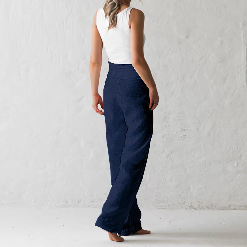 Casual Solid Color Elastic Binding Foot Cotton Line High Wasit Pocket Pants Mssza