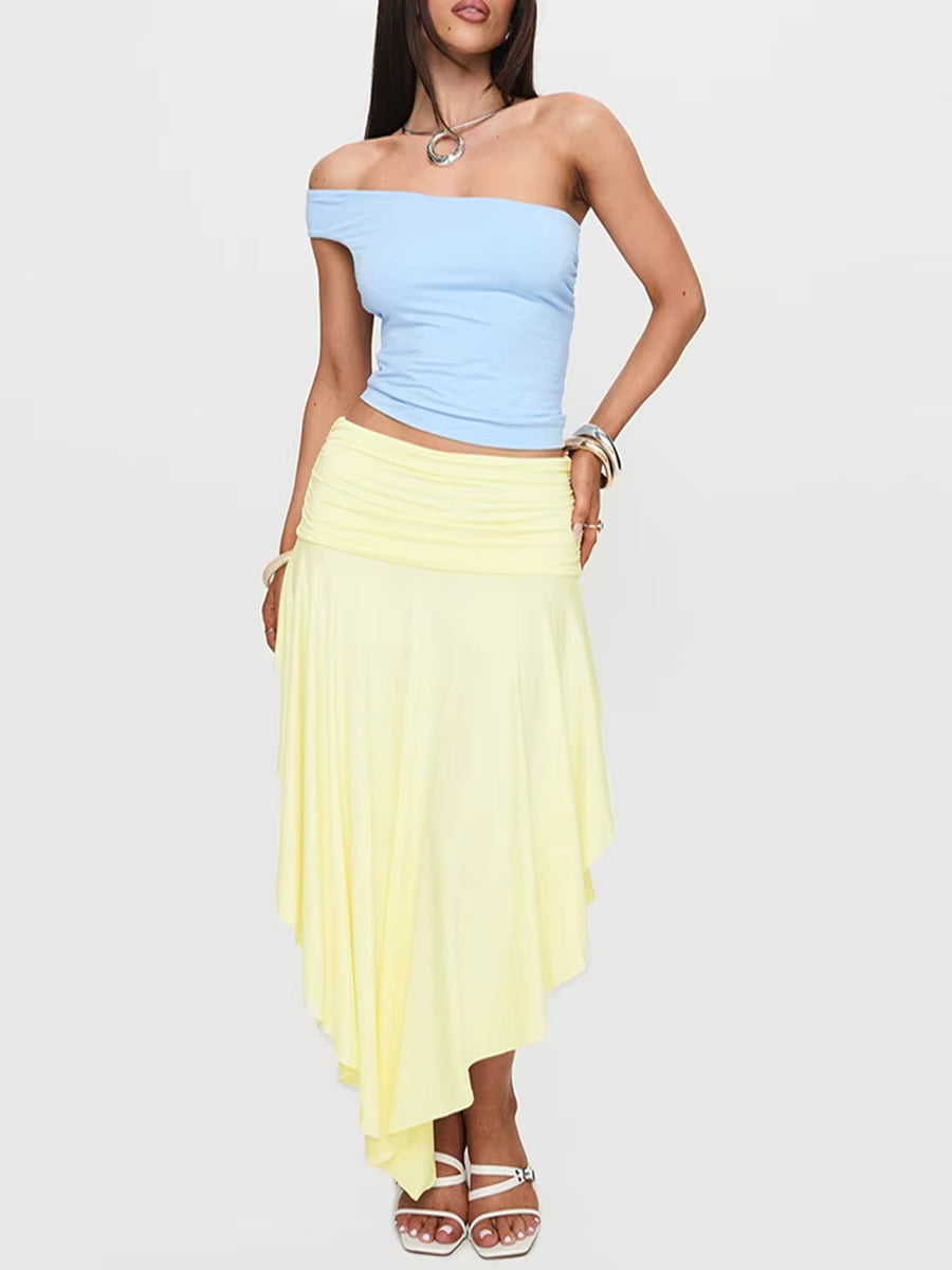 Casual Solid Color High Waist Pleated Hem Trendy Asymmetrical Long Skirt Mssza