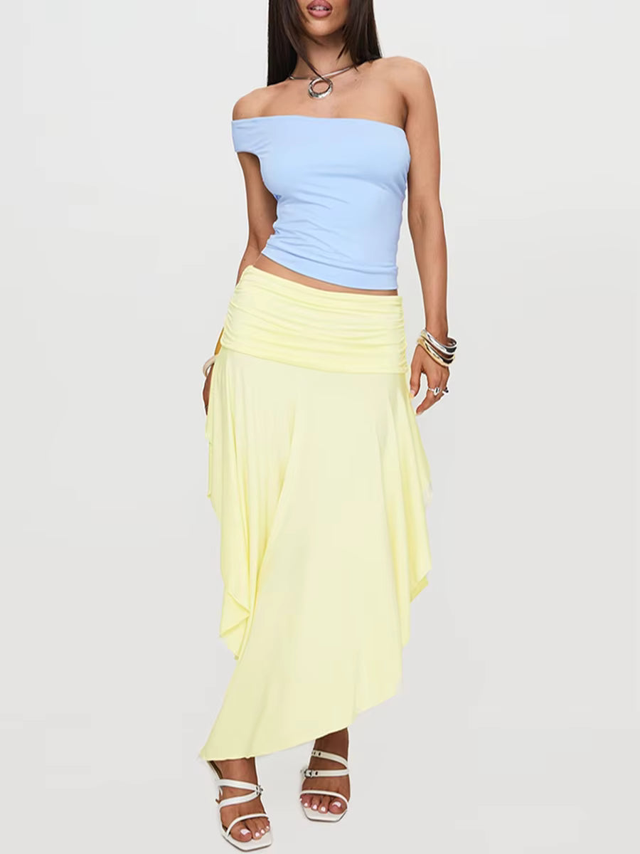 Casual Solid Color High Waist Pleated Hem Trendy Asymmetrical Long Skirt Mssza