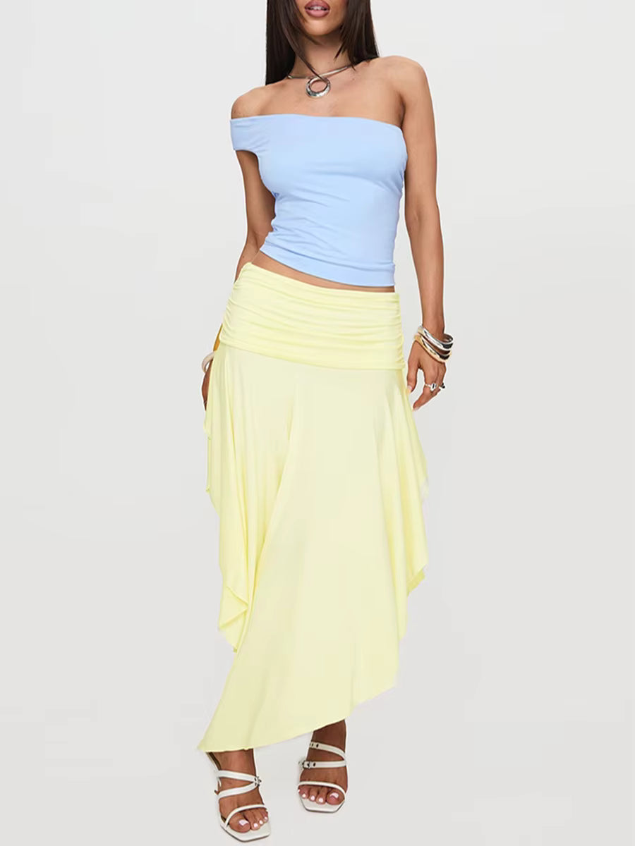 Casual Solid Color High Waist Pleated Hem Trendy Asymmetrical Long Skirt Mssza