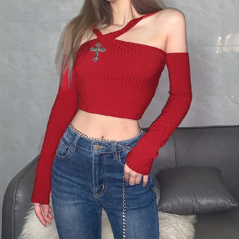 Casual Solid Color Long Sleeve Knitted Crop Top Mssza