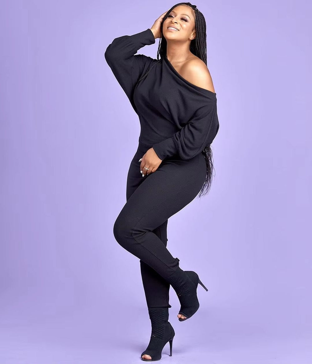 Casual Asymmetrical Solid Color Long Sleeve Plus Size One Shoulder Jumpsuits Mssza