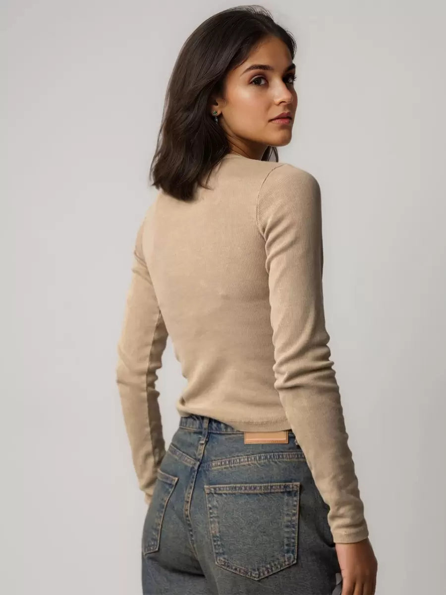 Casual Solid Color Long Sleeves Tees Jewel Neck Polyester Tee Shirt Mssza