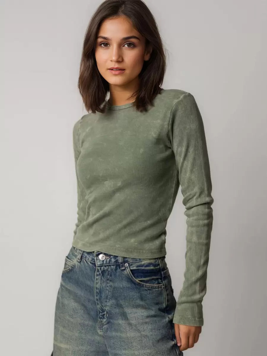Casual Solid Color Long Sleeves Tees Jewel Neck Polyester Tee Shirt Mssza