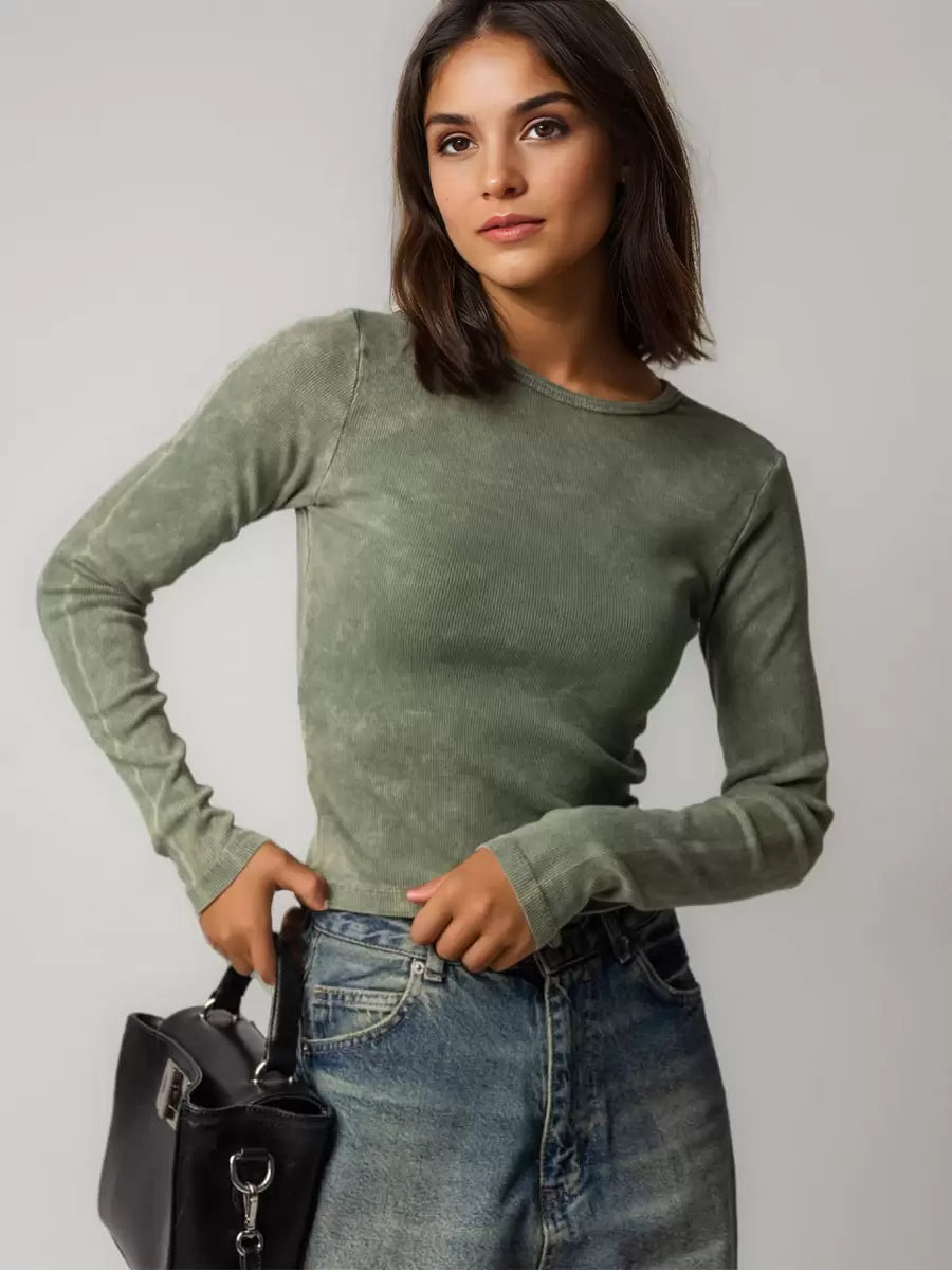 Casual Solid Color Long Sleeves Tees Jewel Neck Polyester Tee Shirt Mssza