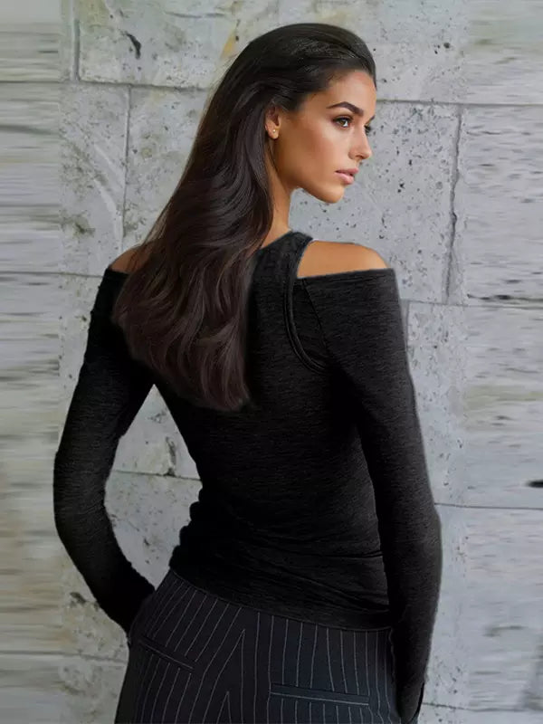 Casual Solid Color Open Shoulder Long Sleeve Crop Top Mssza
