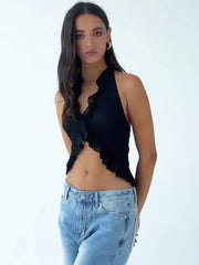 Casual Solid Color Solid Color Halter Backless Polyester Crop Top Mssza