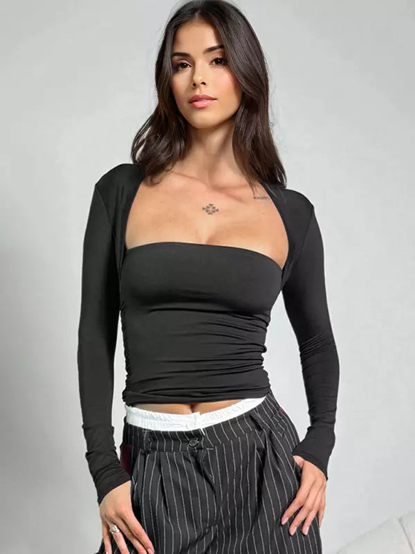 Casual Solid Color Square Street Wear Long Sleeve Crop Top Mssza