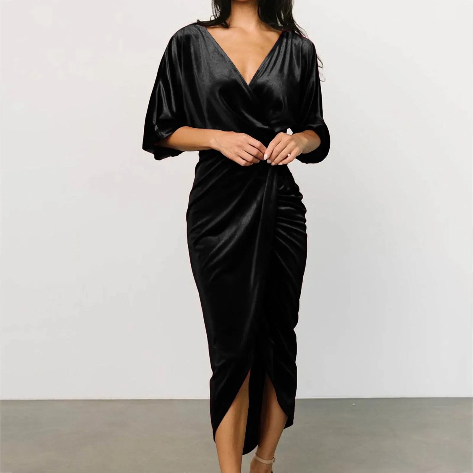 Casual Solid Velvet Pleated Elegant Irregular Evening Draped Commuter Dress Mssaz Desses