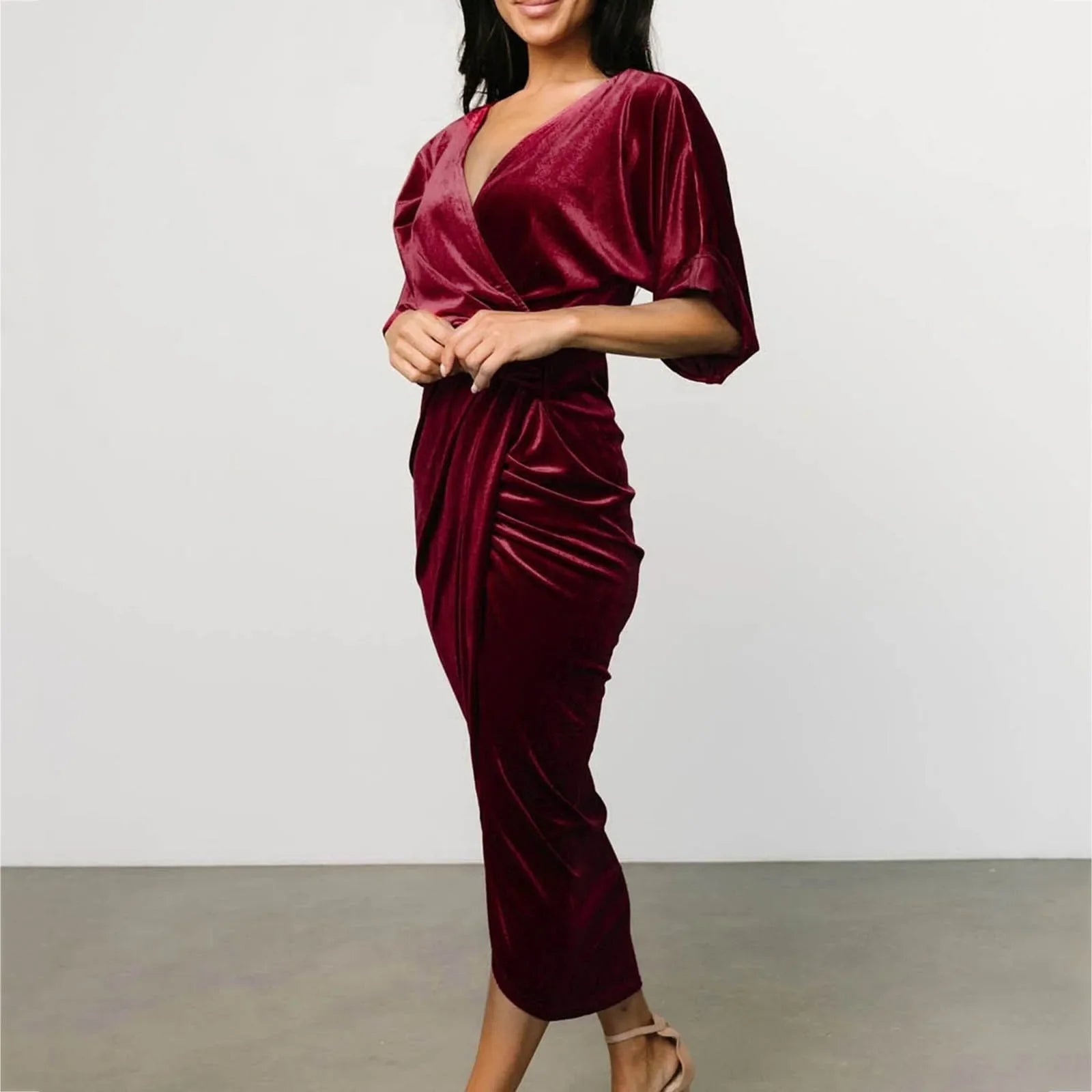 Casual Solid Velvet Pleated Elegant Irregular Evening Draped Commuter Dress Mssaz Desses