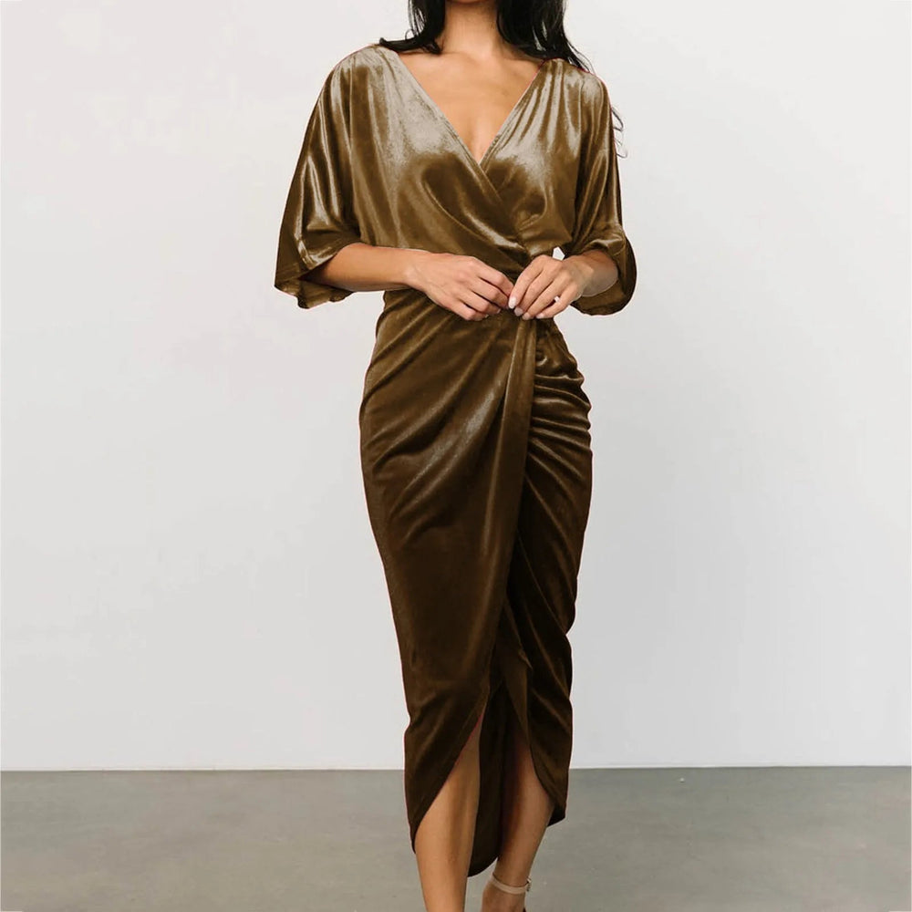 Casual Solid Velvet Pleated Elegant Irregular Evening Draped Commuter Dress Mssaz Desses