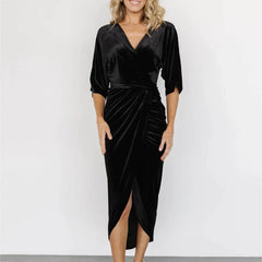 Casual Solid Velvet Pleated Elegant Irregular Evening Draped Commuter Dress Mssaz Desses
