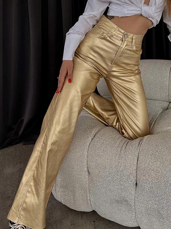 Casual Solid Color Zipper Fly Wide Leg Metallic Pants High Waist Trousers Mssza