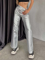 Casual Solid Color Zipper Fly Wide Leg Metallic Pants High Waist Trousers Mssza