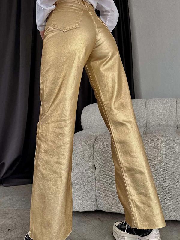 Casual Solid Color Zipper Fly Wide Leg Metallic Pants High Waist Trousers Mssza