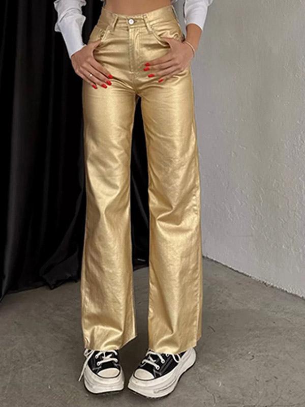 Casual Solid Color Zipper Fly Wide Leg Metallic Pants High Waist Trousers Mssza