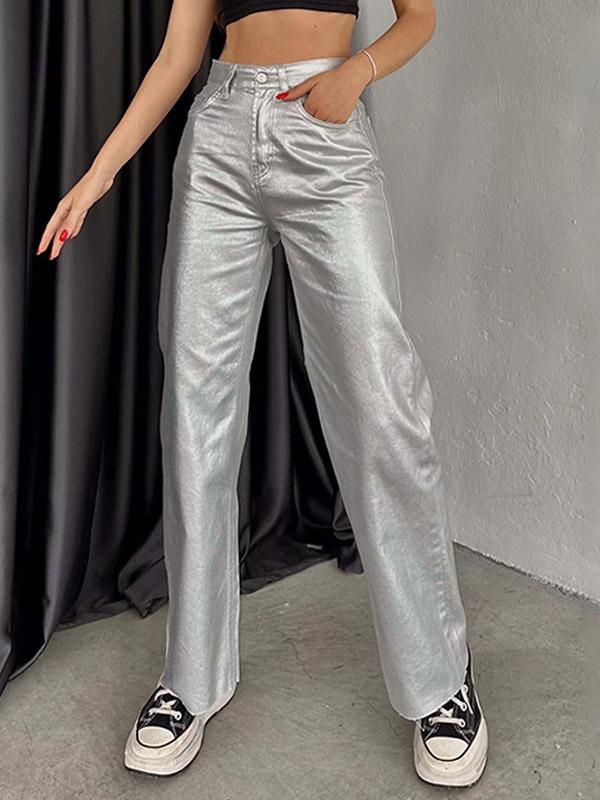 Casual Solid Color Zipper Fly Wide Leg Metallic Pants High Waist Trousers Mssza