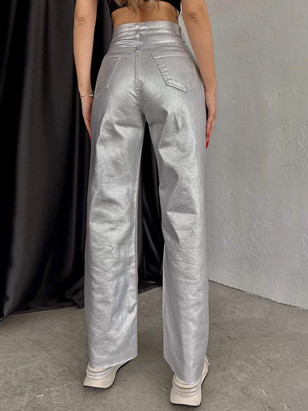 Casual Solid Color Zipper Fly Wide Leg Metallic Pants High Waist Trousers Mssza