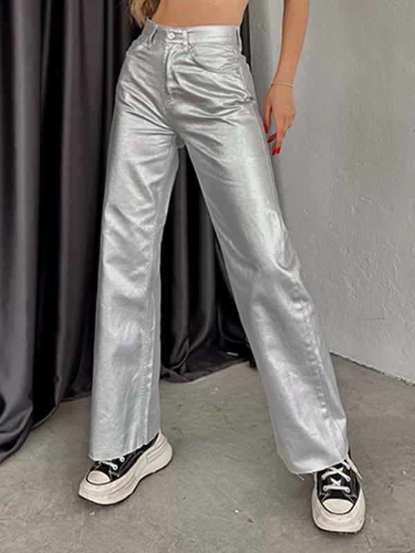 Casual Solid Color Zipper Fly Wide Leg Metallic Pants High Waist Trousers Mssza