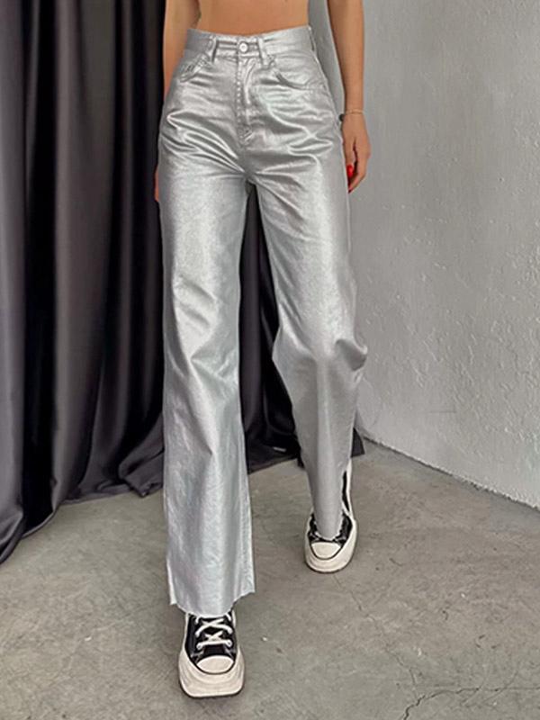 Casual Solid Color Zipper Fly Wide Leg Metallic Pants High Waist Trousers Mssza