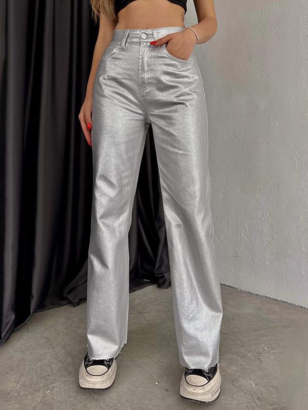 Casual Solid Color Zipper Fly Wide Leg Metallic Pants High Waist Trousers Mssza