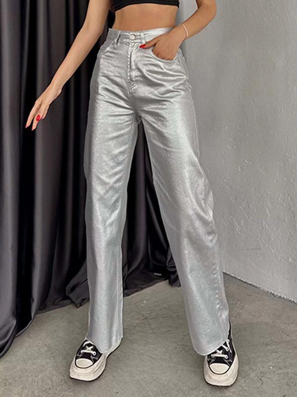 Casual Solid Color Zipper Fly Wide Leg Metallic Pants High Waist Trousers Mssza