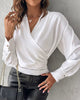 Casual Solid Color Zipper V-Neck Pleated Blouses Long Sleeves Office Shirts Tops Mssza