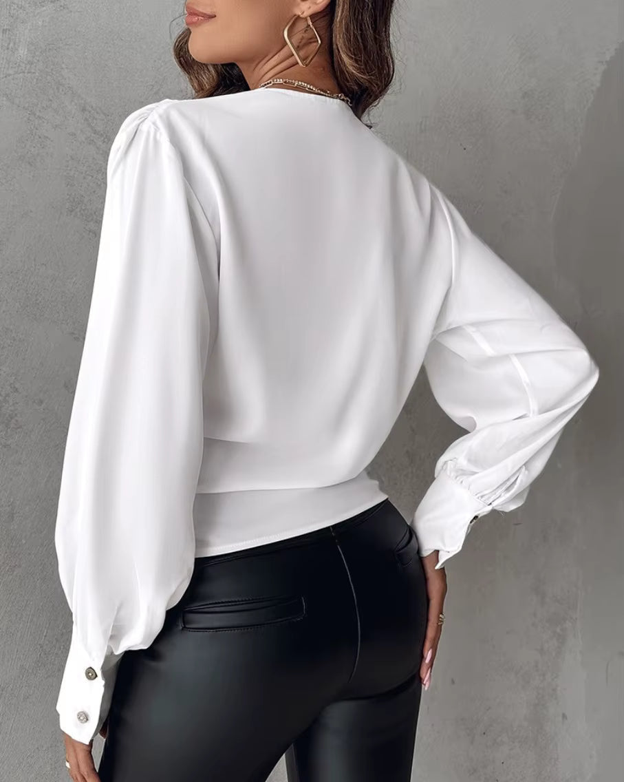 Casual Solid Color Zipper V-Neck Pleated Blouses Long Sleeves Office Shirts Tops Mssza