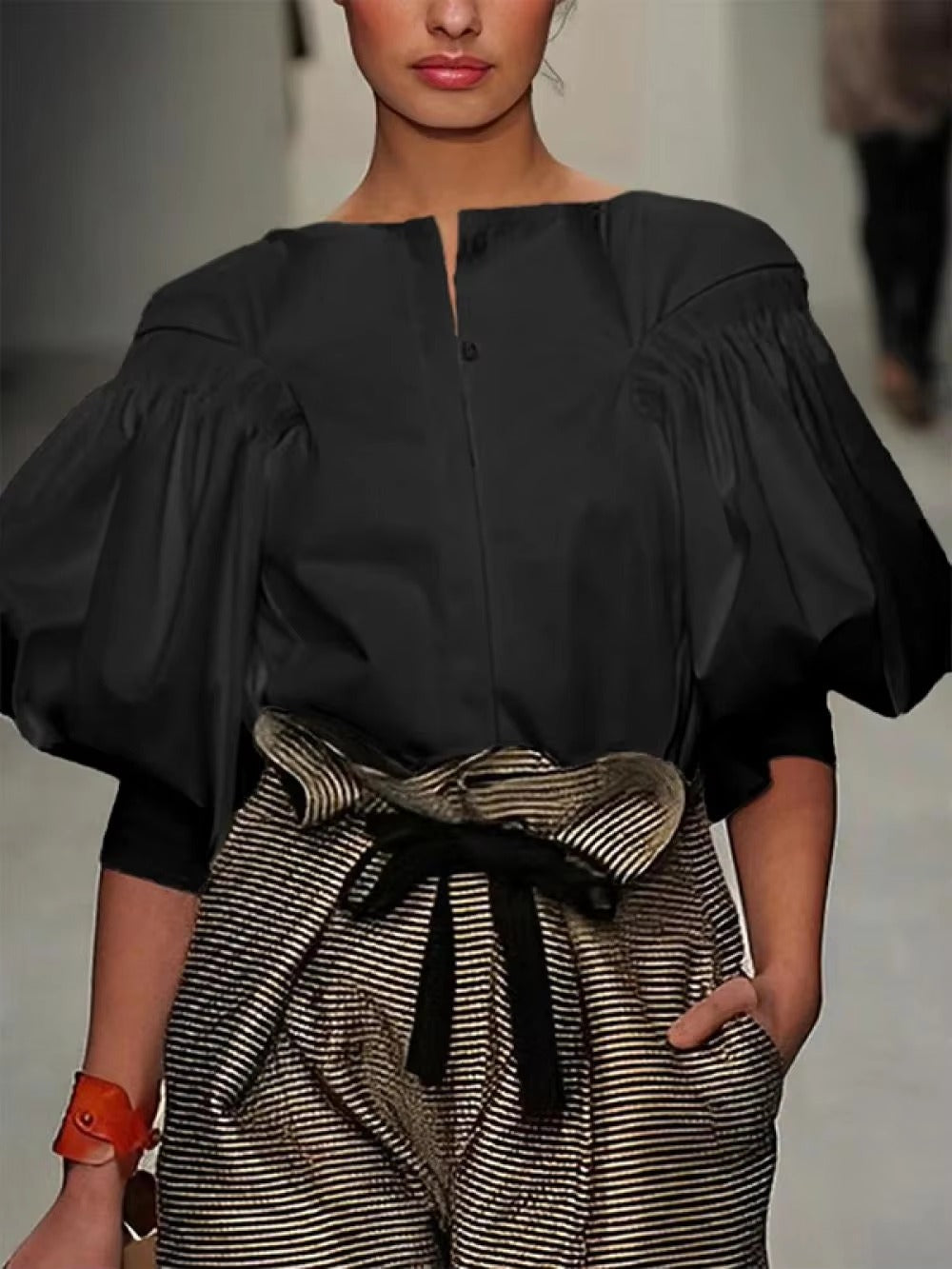 Casual Solid Color slash neck Puff Sleeves Buttoned Blouses Shirts Tops Mssza
