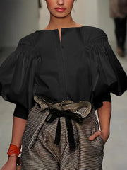Casual Solid Color slash neck Puff Sleeves Buttoned Blouses Shirts Tops Mssza