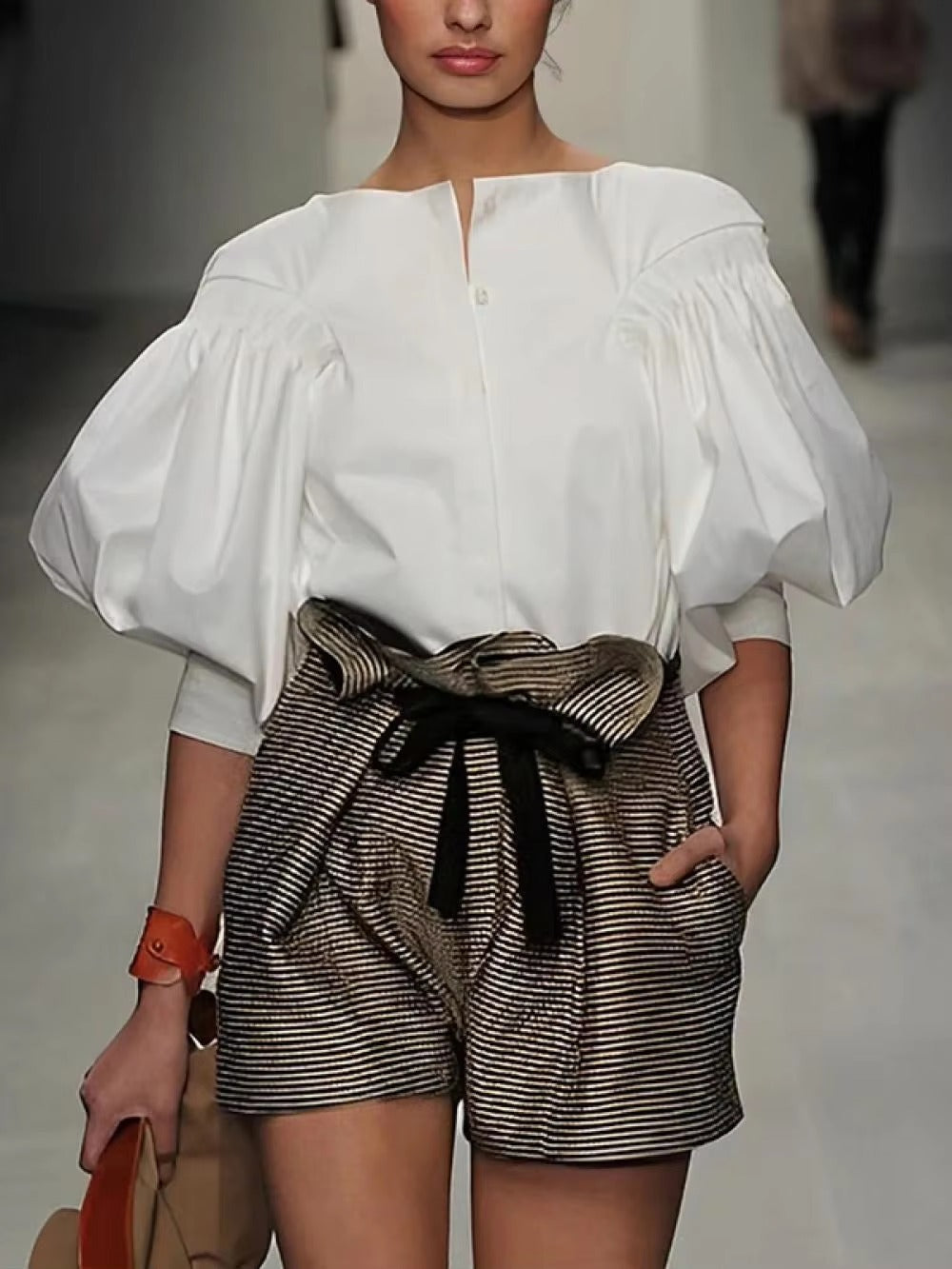 Casual Solid Color slash neck Puff Sleeves Buttoned Blouses Shirts Tops Mssza