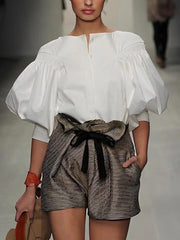 Casual Solid Color slash neck Puff Sleeves Buttoned Blouses Shirts Tops Mssza