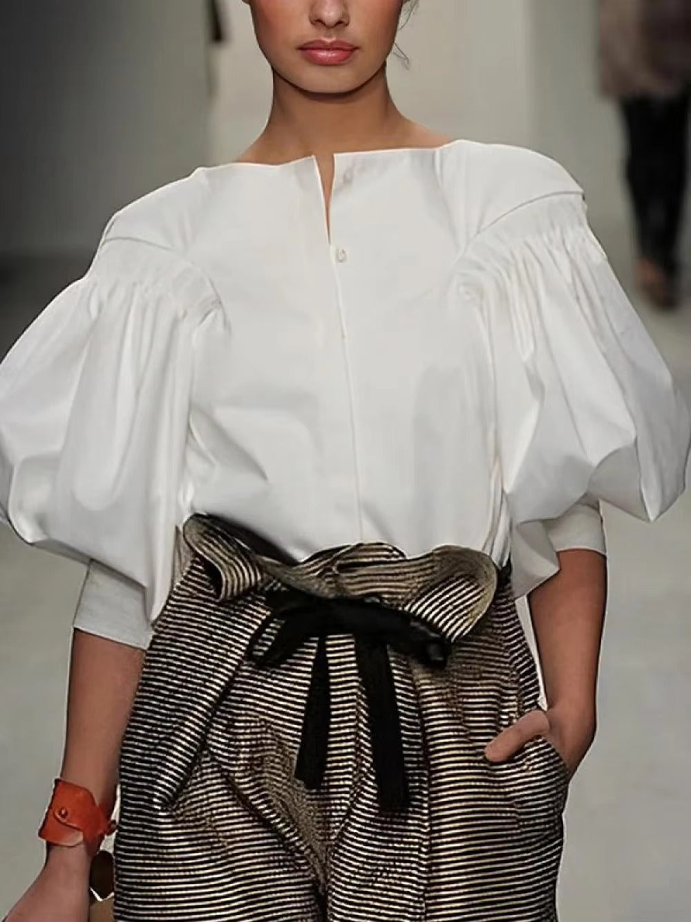 Casual Solid Color slash neck Puff Sleeves Buttoned Blouses Shirts Tops Mssza