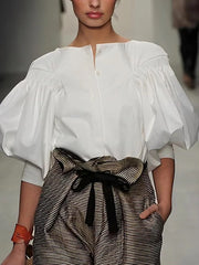 Casual Solid Color slash neck Puff Sleeves Buttoned Blouses Shirts Tops Mssza