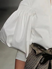 Casual Solid Color slash neck Puff Sleeves Buttoned Blouses Shirts Tops Mssza