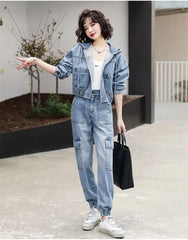 Casual Solid Full Sleeve Fake Zippers Short Jacket Denim Jeans 2 Piece Set Mssza