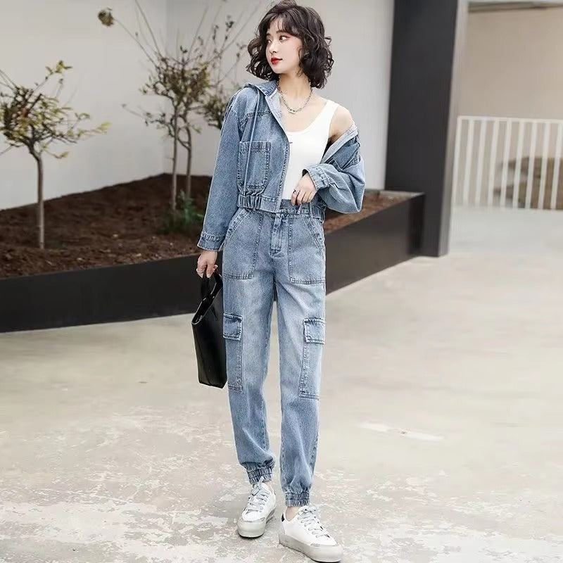 Casual Solid Full Sleeve Fake Zippers Short Jacket Denim Jeans 2 Piece Set Mssza