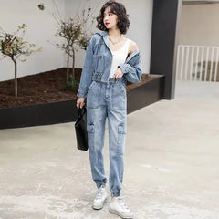 Casual Solid Full Sleeve Fake Zippers Short Jacket Denim Jeans 2 Piece Set Mssza