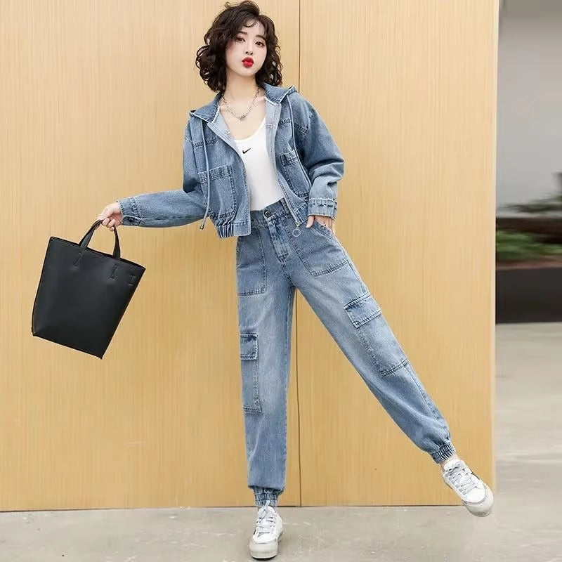 Casual Solid Full Sleeve Fake Zippers Short Jacket Denim Jeans 2 Piece Set Mssza