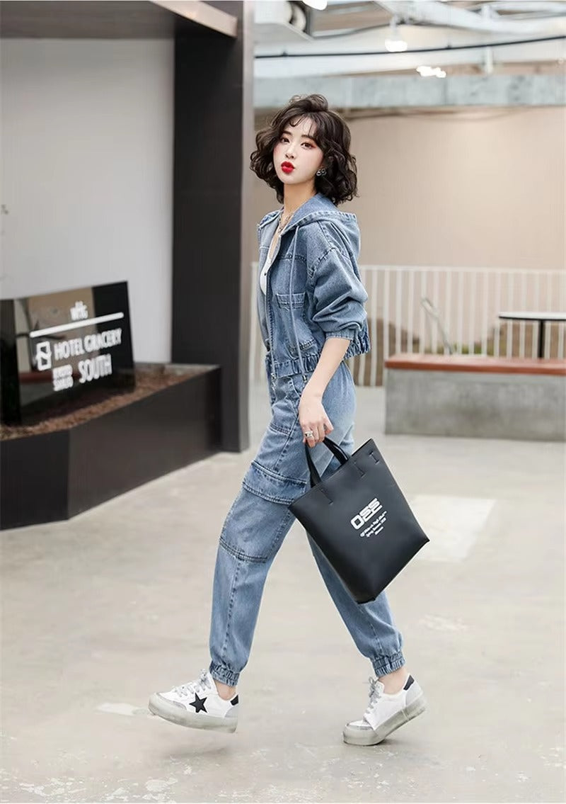 Casual Solid Full Sleeve Fake Zippers Short Jacket Denim Jeans 2 Piece Set Mssza