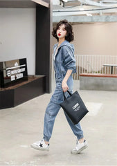 Casual Solid Full Sleeve Fake Zippers Short Jacket Denim Jeans 2 Piece Set Mssza