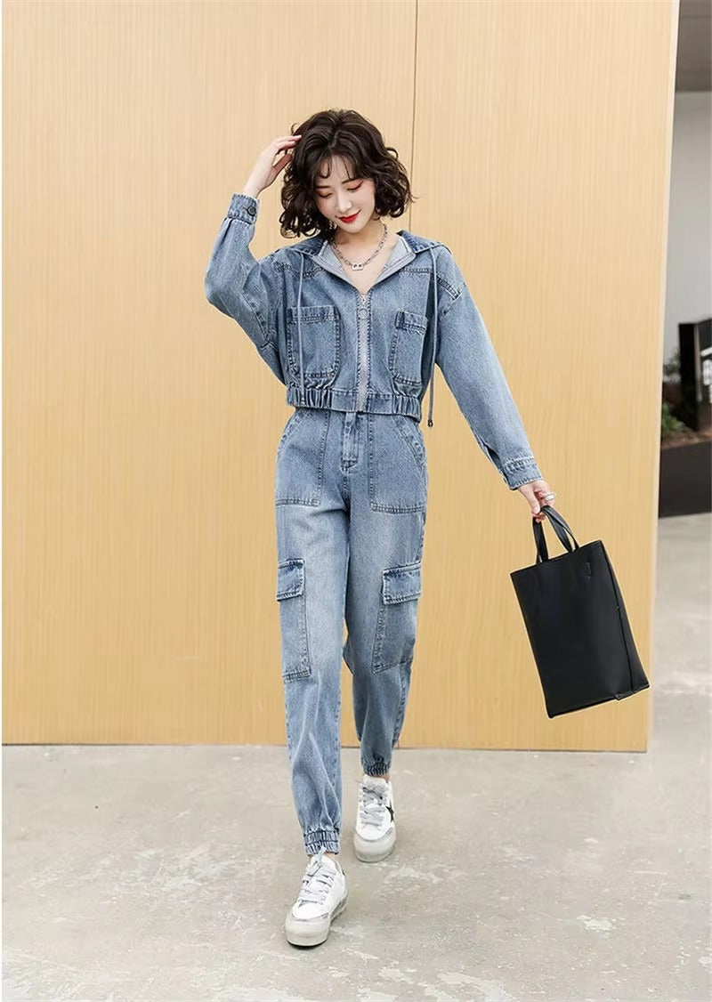 Casual Solid Full Sleeve Fake Zippers Short Jacket Denim Jeans 2 Piece Set Mssza
