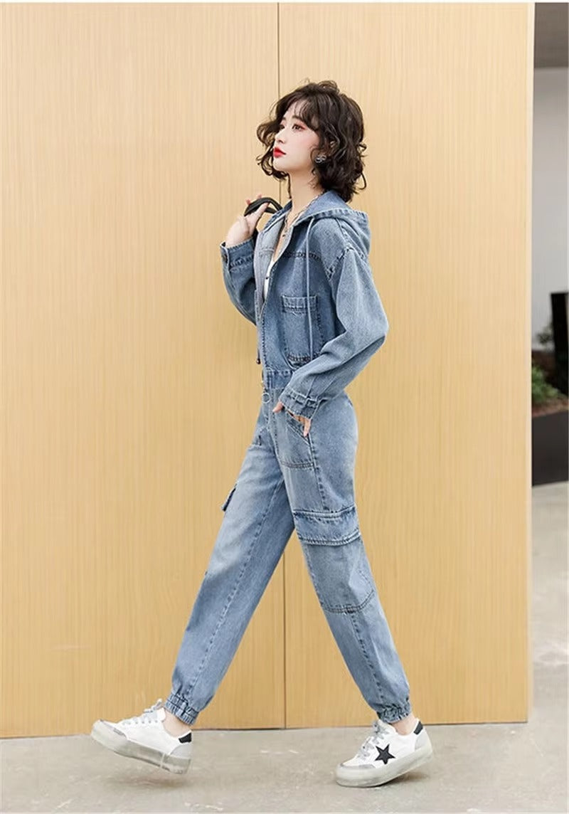 Casual Solid Full Sleeve Fake Zippers Short Jacket Denim Jeans 2 Piece Set Mssza