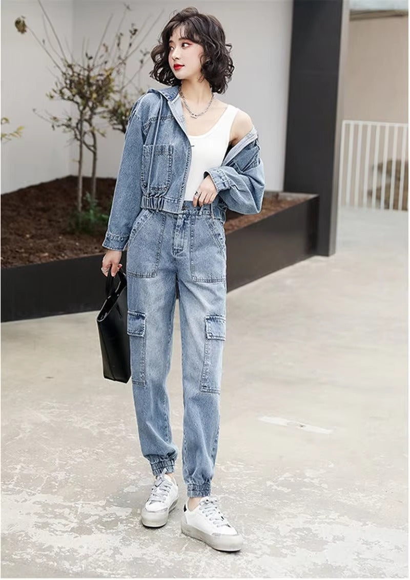 Casual Solid Full Sleeve Fake Zippers Short Jacket Denim Jeans 2 Piece Set Mssza