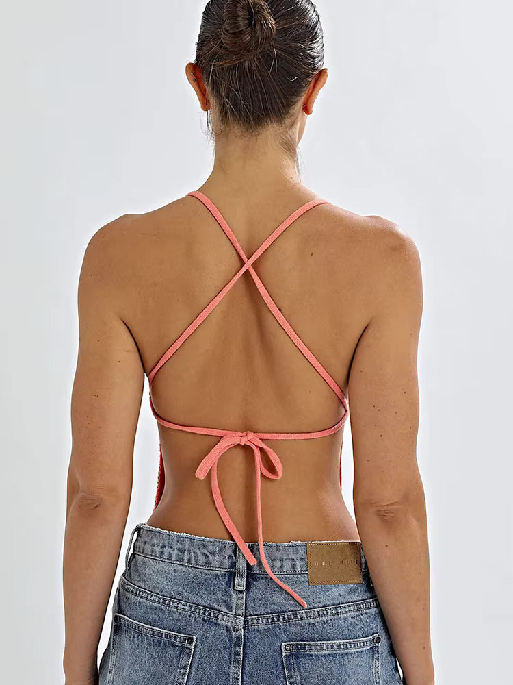 Casual Solid Knitted Backless Halter Sleeveless Bandage Camis Top Mssza