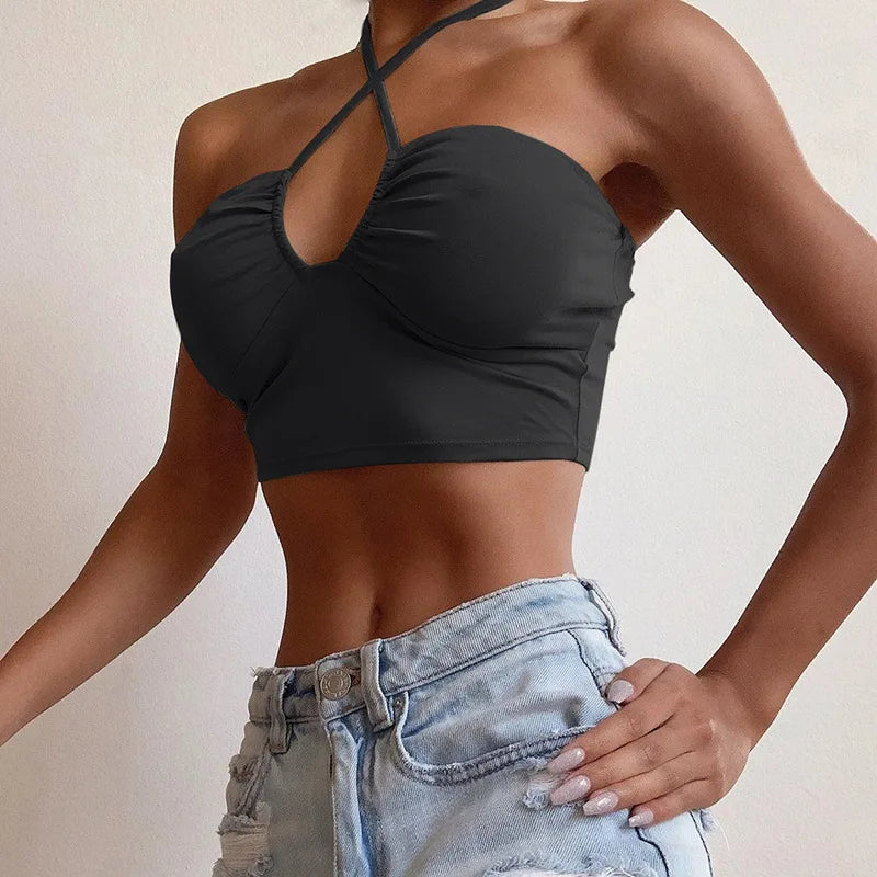 Casual Solid Lace Up Bow Halter Ruched Sleeveless Backless Crop Top Mssza