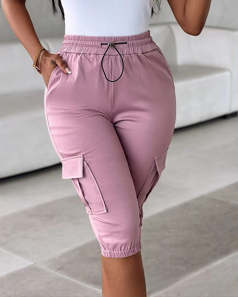 Casual Solid Lace Up Regular Slim Fit Elastic Waist Calf Length Pant Mssza